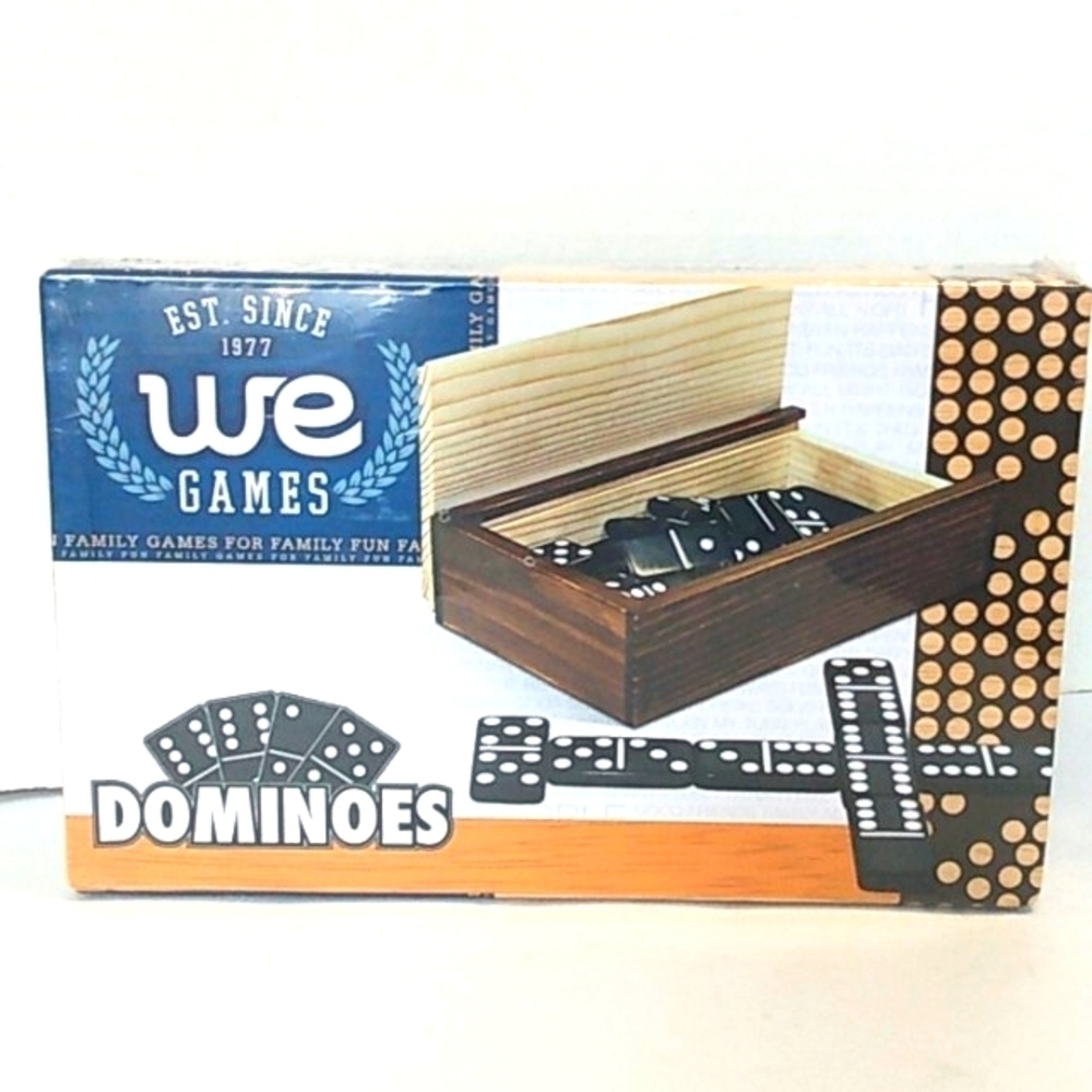 WE GAMES DOMINOS BONES GAME AND STORAGE BOX AGES 14+UP  2-4 PLAYERS NWT